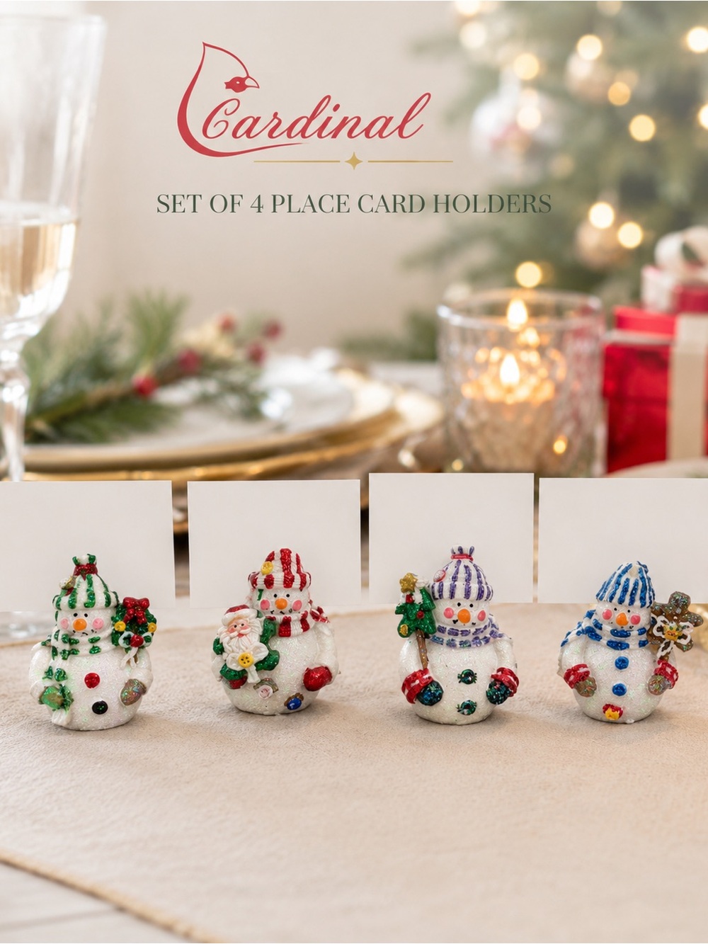 Cardinal Christmas Snowman Resin Place Card Holders Set of 4 NIB